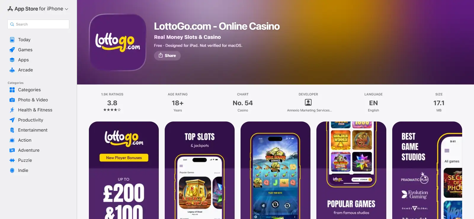 Current LottoGo listing in the GB App Store