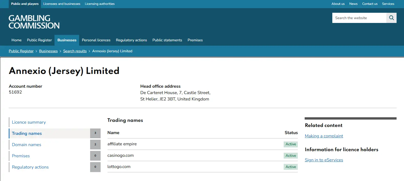 UK Gambling Commission register entry for Annexio and LottoGo