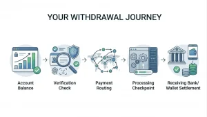 Checklist showing account verification, eligible withdrawal route and settlement stages