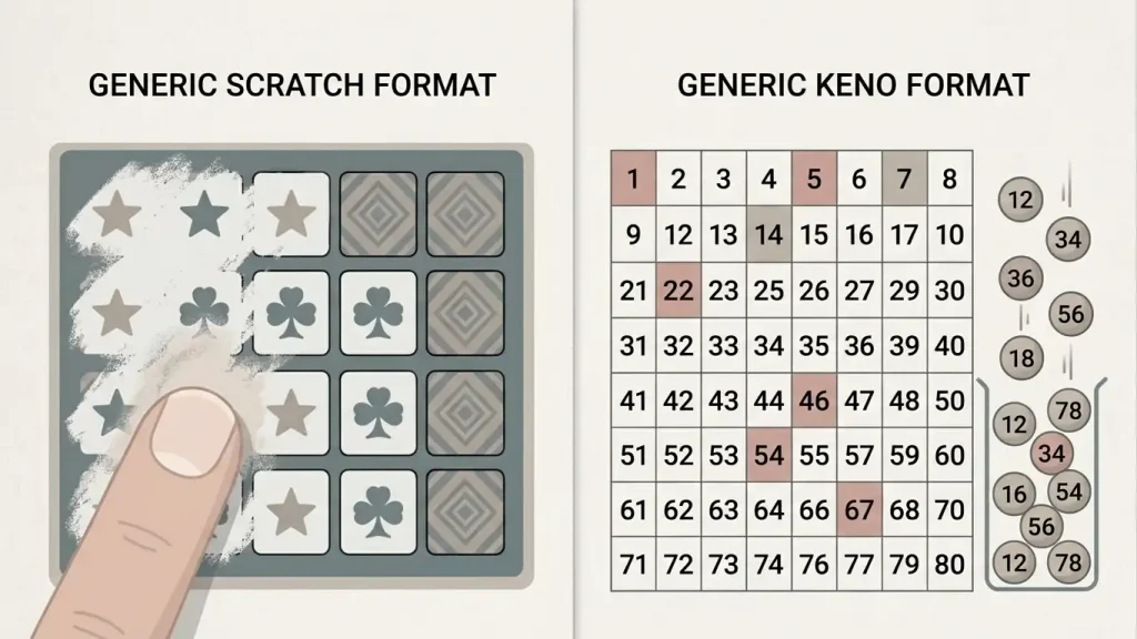 Comparison of a generic scratchcard reveal with a Keno number grid