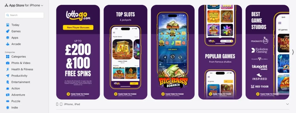 Current LottoGo welcome offer shown in the GB App Store