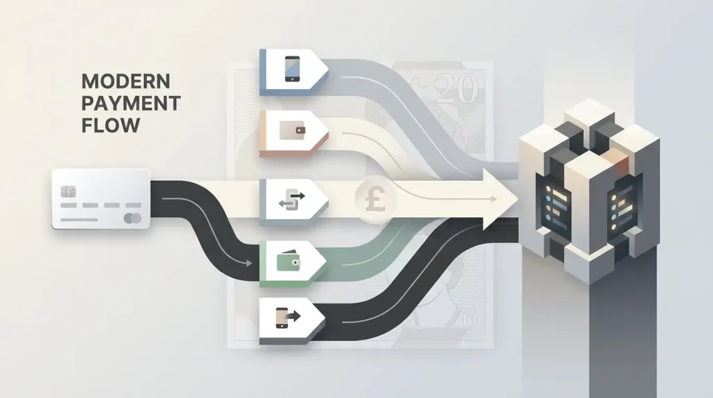 Diagram comparing debit card and digital wallet payment routes in pounds