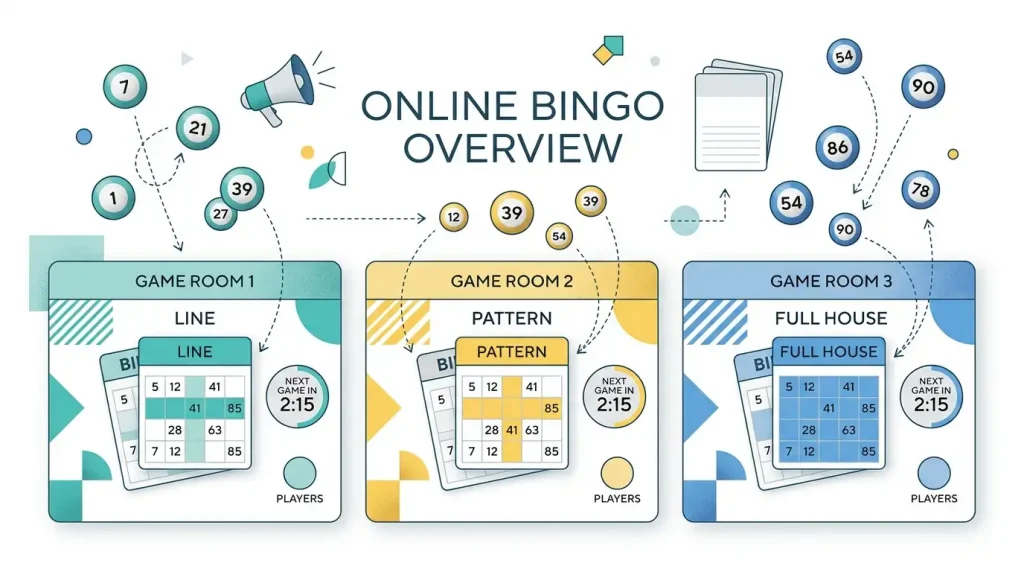 Generic bingo tickets, a countdown clock and winning-pattern markers