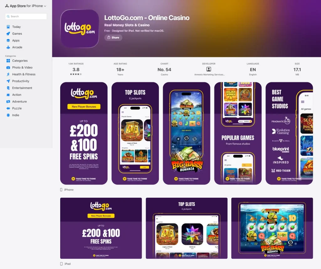 Official LottoGo.com - Online Casino listing in the GB App Store