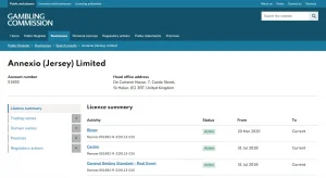 UK Gambling Commission public register entry for Annexio (Jersey) Limited and LottoGo